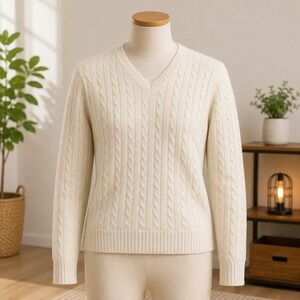 IZOD Sweater Mens  Tan Cotton Cashmere V-Neck Cable Knit Pullover Long Sleeve‎